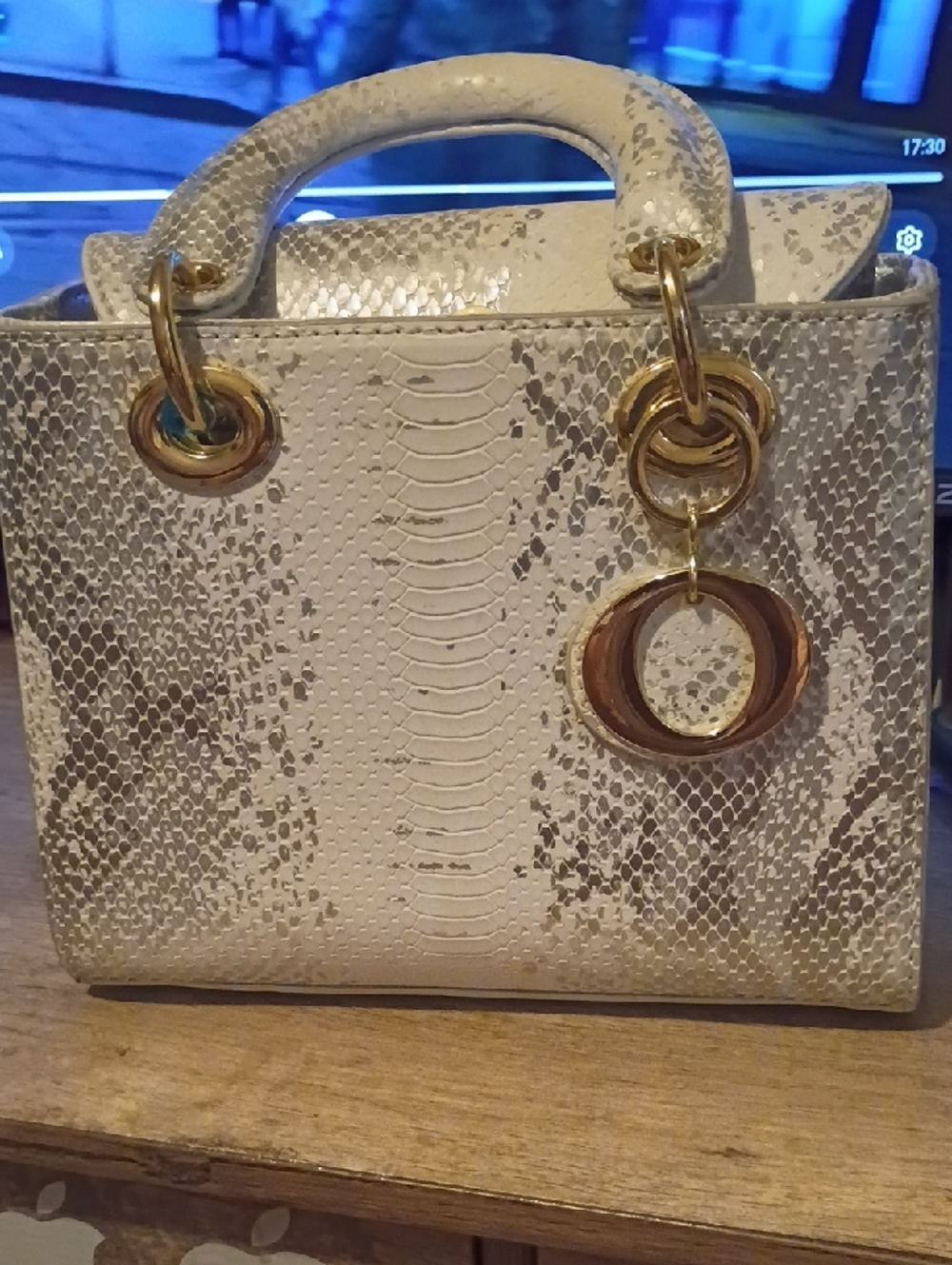 Structured Women's Top-Handle Bag in Ivory Python-Effect with Gold Hardware